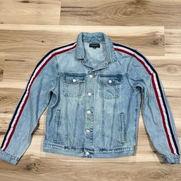 Pacsun LA Denim Jacket Distressed Trucker Red White Blue Trim Men’s Medium - Picture 1 of 3